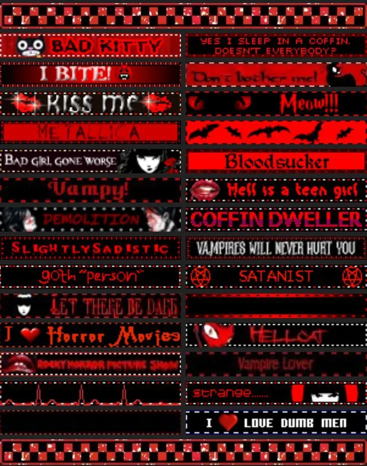 A wall of red and black blinkie banners: Bad Kitty, I Bite, Kiss Me, Bloodsucker, Vampy, Coffin Dweller, Hellcat, Vampire Lover and more